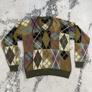 Byford London‎ Silk Cotton Argyle Sweater Mens L V Neck Vintage Golf Granpa Core